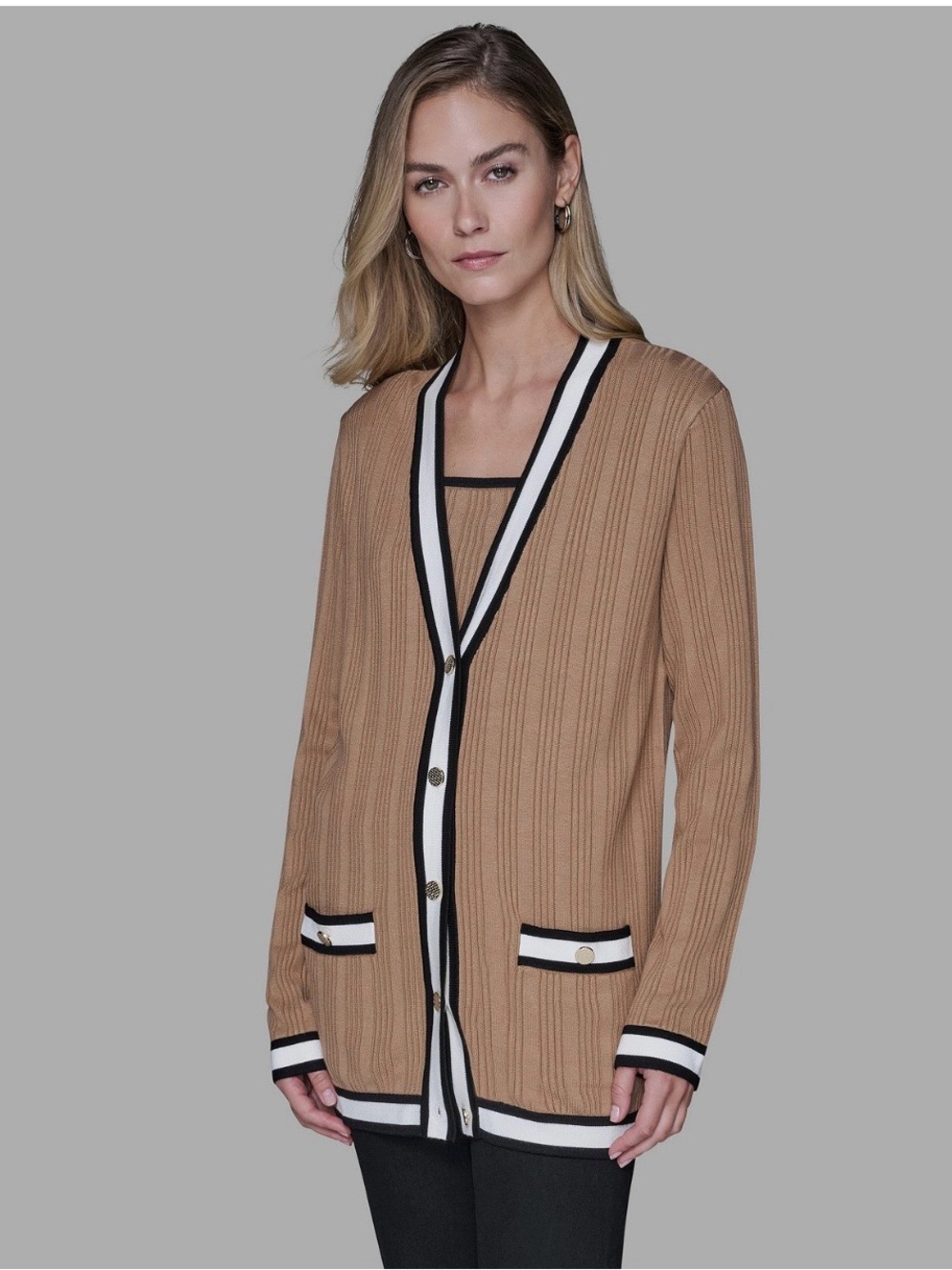 KARL LAGERFELD Women’s Camel Ribbed Cardigan with Contrast Trim